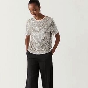 Ophelia Roe Sequin Blouse NWOT Short Sleeve Champagne Size Large